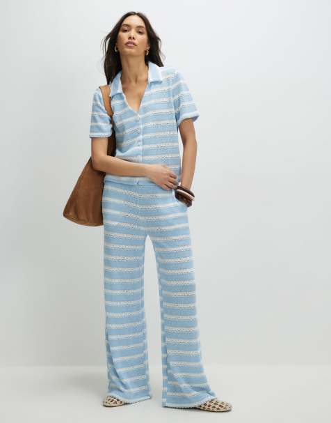 River Island Striped crochet wide leg trousers in blue