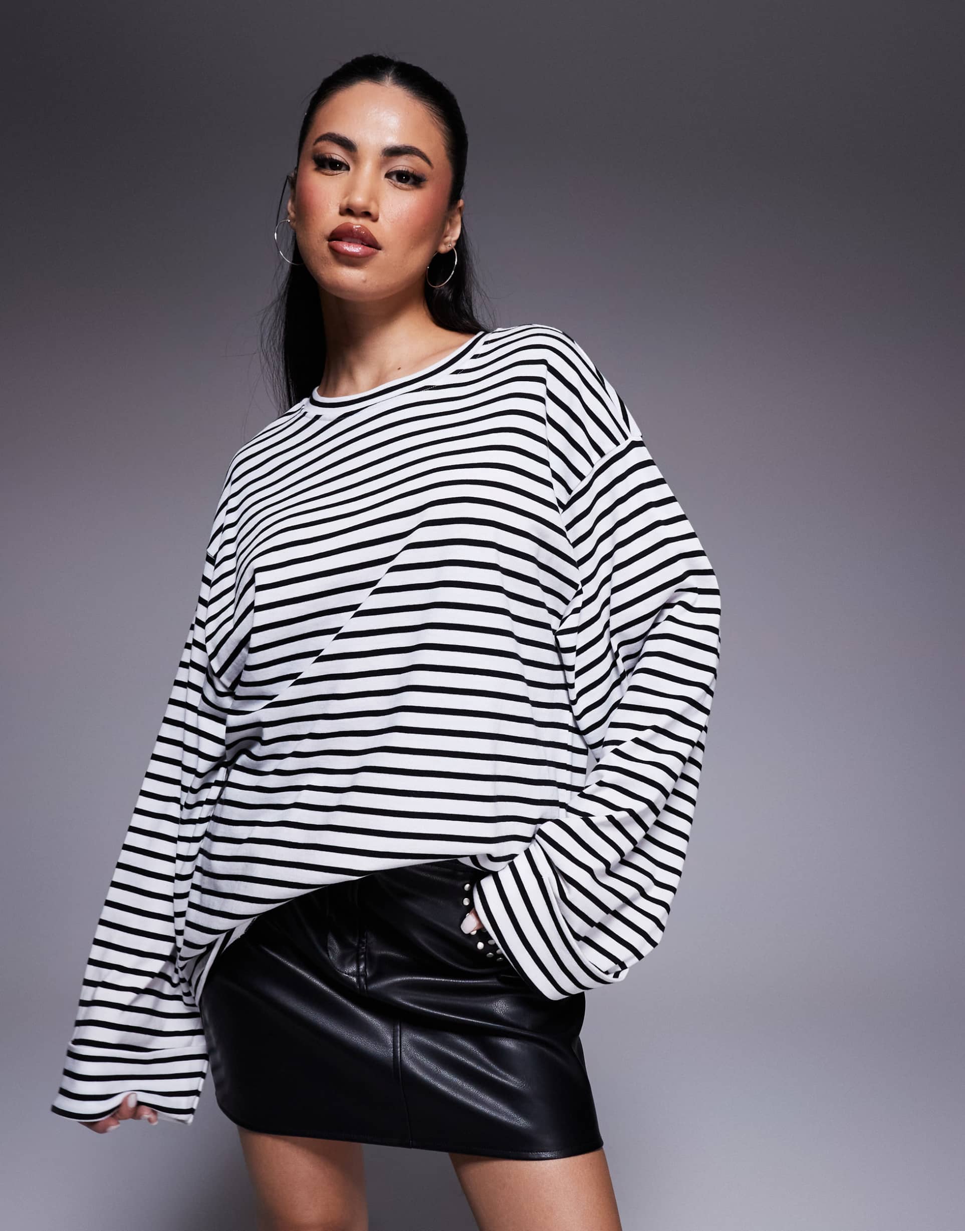 river island striped cuffed sleeves top in black