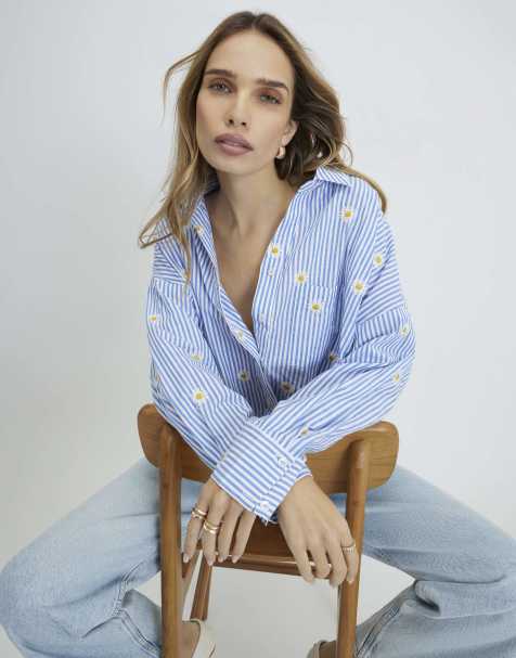 River Island Striped daisy embroidered knot shirt in blue - medium - view 1