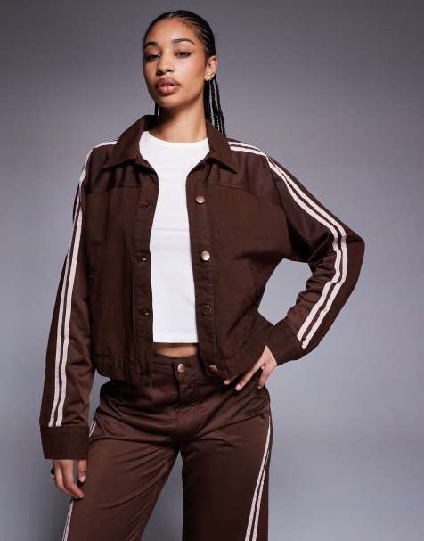 River Island striped detail denim jacket in dark brown