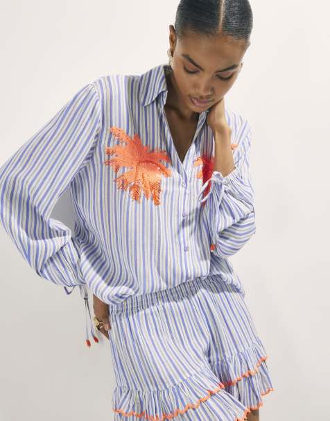 River Island Striped embellished palm beach shirt in white - view 1