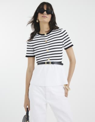 River Island Striped knit short sleeve belted top in cream - view 1