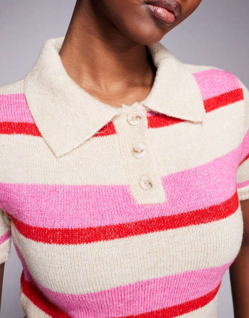 River Island striped knitted polo in pink , 2 of 4