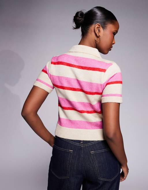 River Island striped knitted polo in pink , 4 of 4