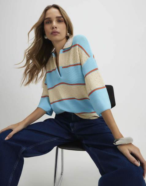 River Island Striped knitted polo shirt in blue - light - view 1