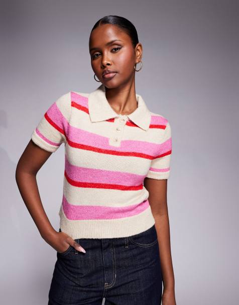 River Island striped knitted polo shirt in pink - view 1