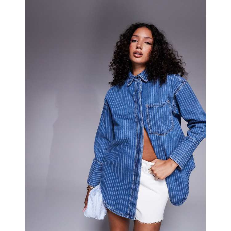 River Island striped oversized denim shirt in light wash blue | ASOS
