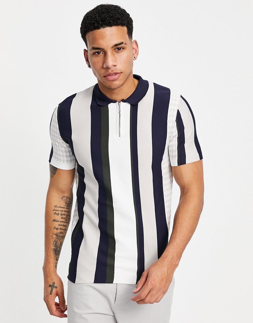 River Island striped polo in stone & navy