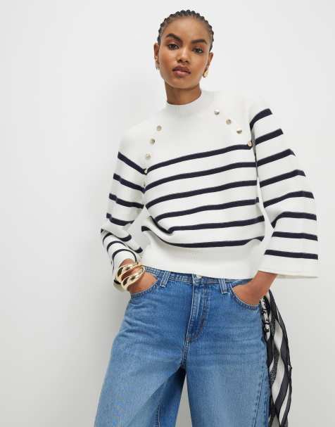 River Island Striped ribbed button jumper in cream
