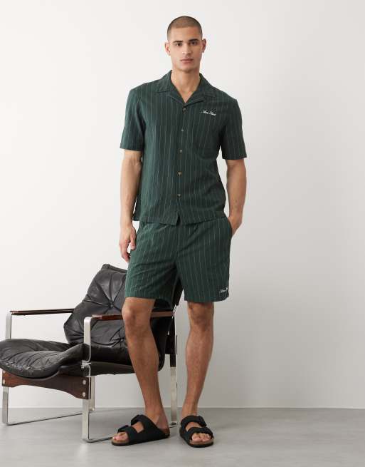 River Island textured striped revere shirt and shorts set in dark green, 3 of 3