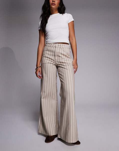 River Island striped super wide leg jeans in beige - view 1