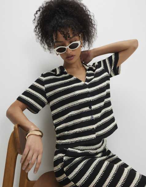 River Island striped textured knitted shirt co-ord in black  - view 1