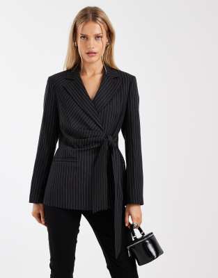 River Island Striped Tie Waist Blazer In Black