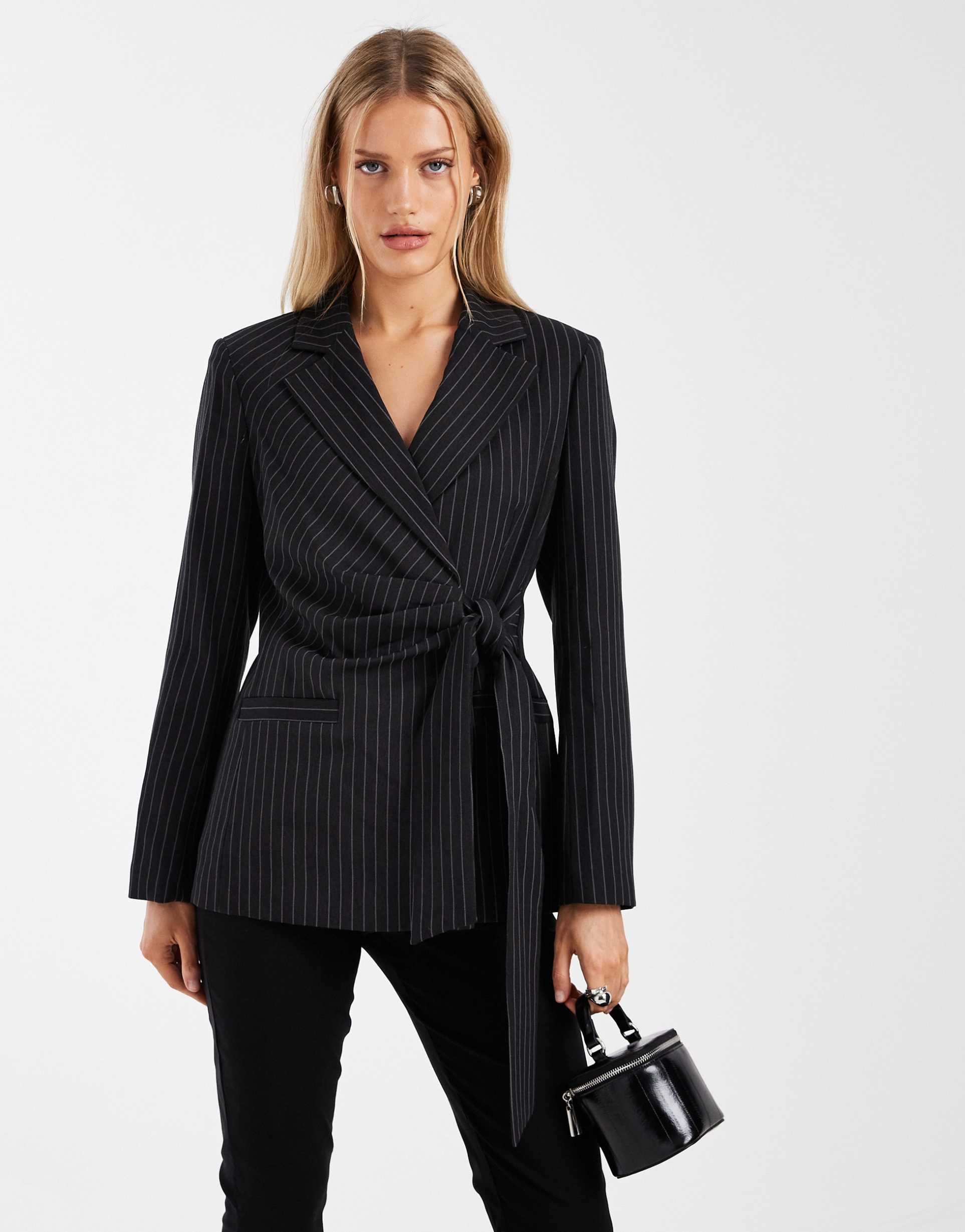 river island striped tie waist blazer in black