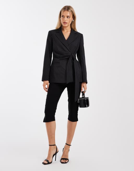 River Island striped tie waist blazer in black , 2 of 4