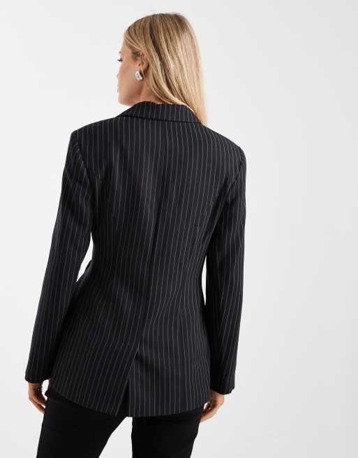 River Island striped tie waist blazer in black , 3 of 4