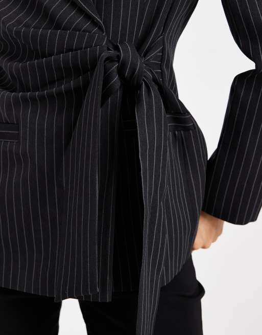 River Island striped tie waist blazer in black , 4 of 4