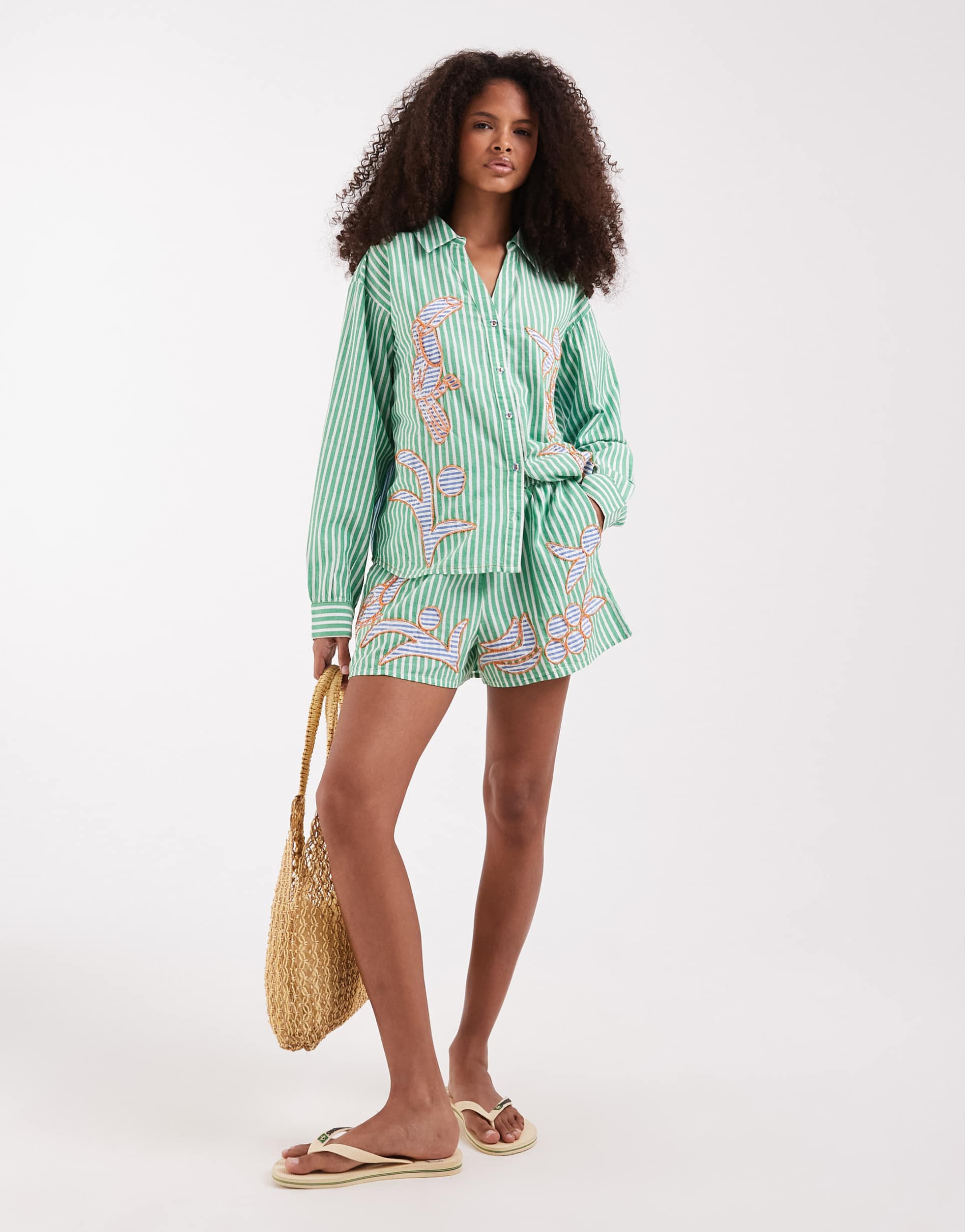 river island striped toucan embellished shorts in mid green