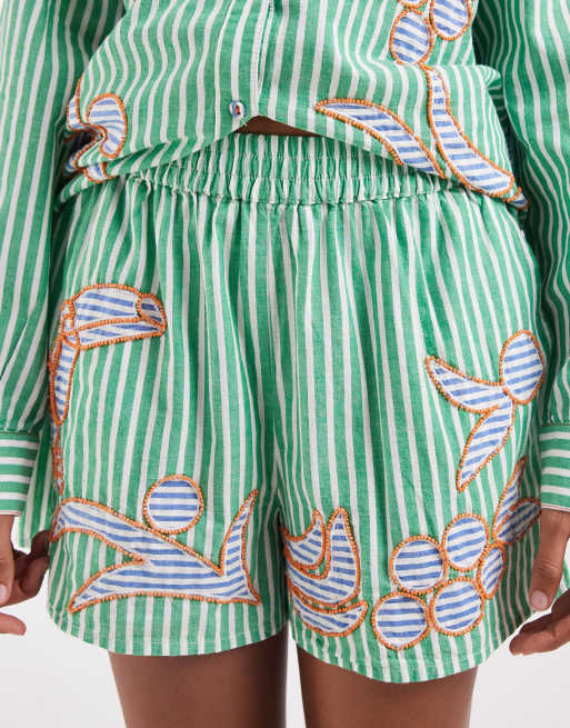 River Island striped toucan embellished shorts in mid green, 4 of 5