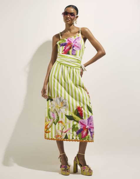 River Island Striped wrap waist beaded midi dress in green - view 1