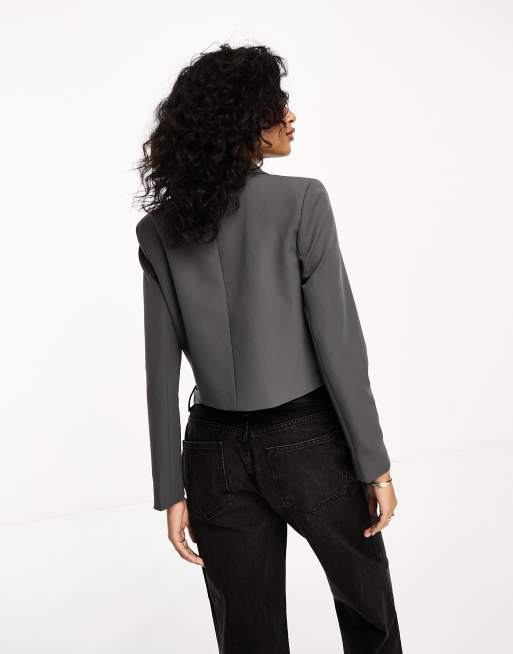 River Island Structured crop blazer in grey dark