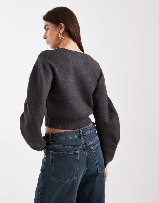 River Island structured sleeve cardigan in grey, 4 of 4
