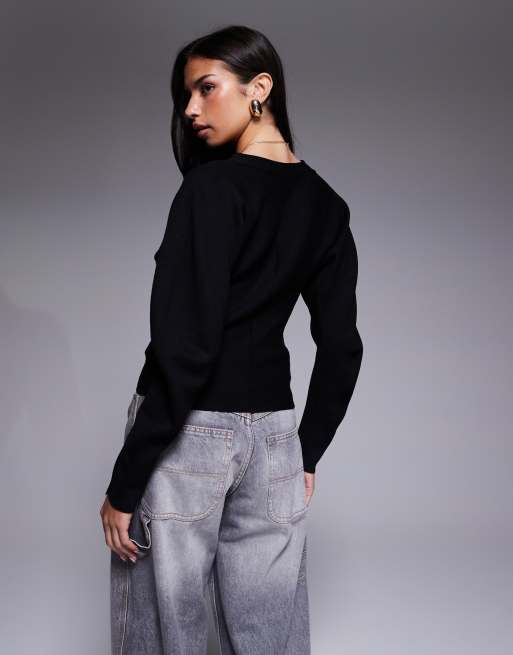 River Island structured sleeve knitted jumper in black , 4 of 4