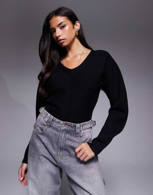 River Island structured sleeve knitted top in black 