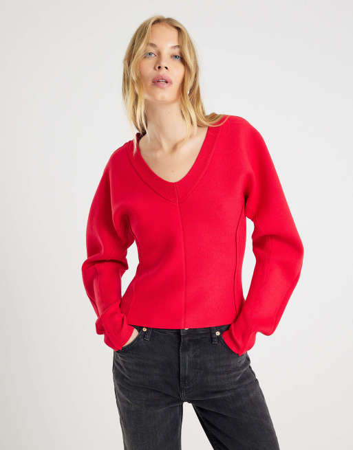 River Island Structured sleeve knitted top in red