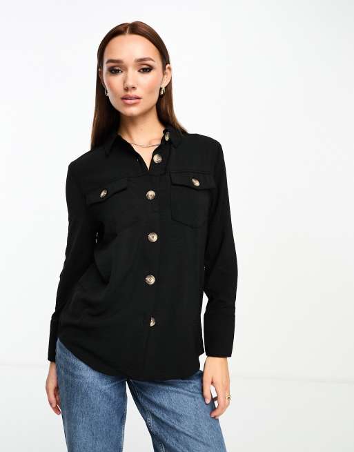 River Island – Strukturierte Hemdbluse in Schwarz mit Perlenknöpfen