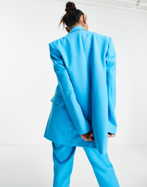 River Island – Strukturierter, zweireihiger Blazer in Hellblau
