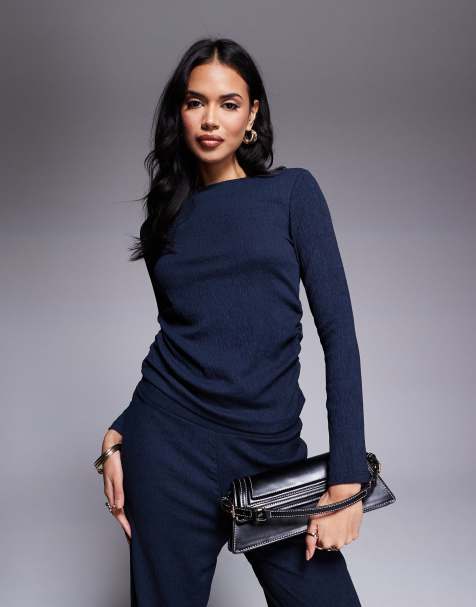 River Island – Strukturiertes, langärmliges T-Shirt in Marineblau, Kombiteil - view 1