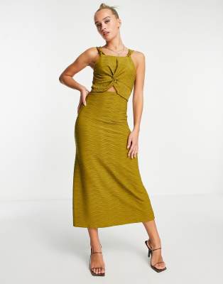 River Island - Strukturiertes Midikleid mit Knoten und Zierausschnitt in Grün