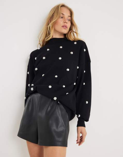 River Island Stud embellished high neck jumper in black - view 1