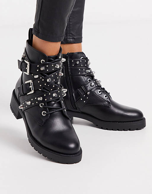 River Island studded buckle lace up flat boot | ASOS