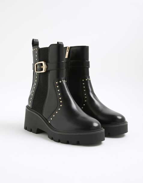 River Island Studded buckle wedge boots in black - view 1