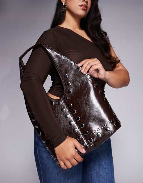 River Island studded detail bucket slouch bag in dark brown - view 1