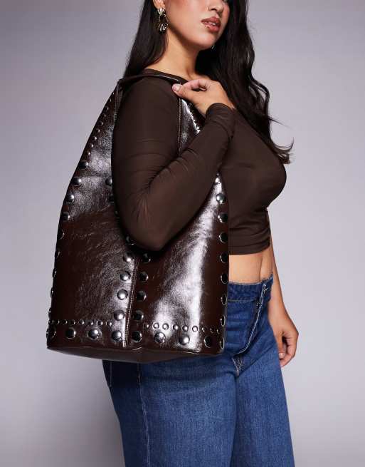 River Island studded detail bucket slouch bag in dark brown, 3 of 4