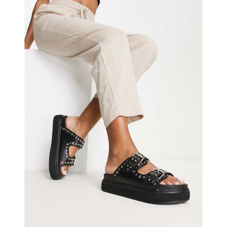 Black Flatform Studded Double Buckle Mule Slider