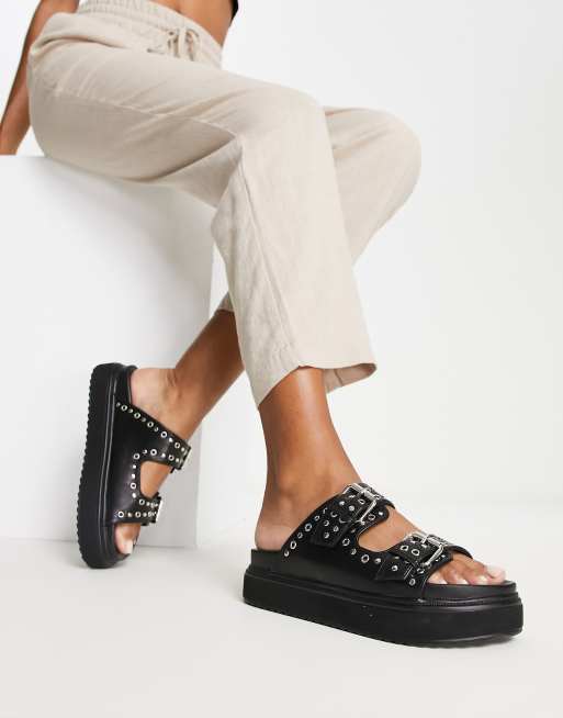 Black Chunky Sole Double Buckle Studded Sliders –