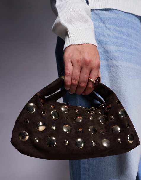 River Island studded faux-suede crossbody bag in dark brown - view 1