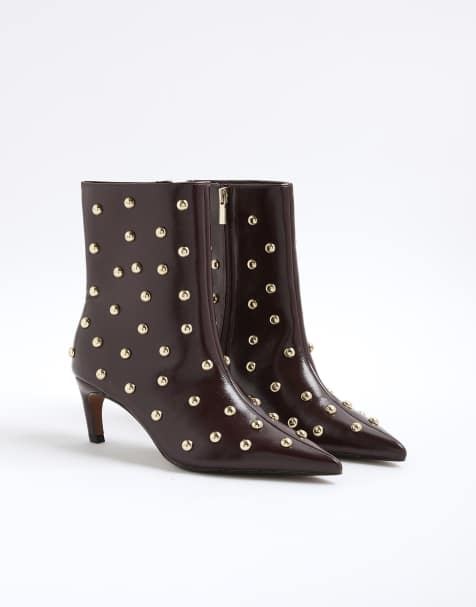 River Island Studded kitten heel boots in red - dark - view 1