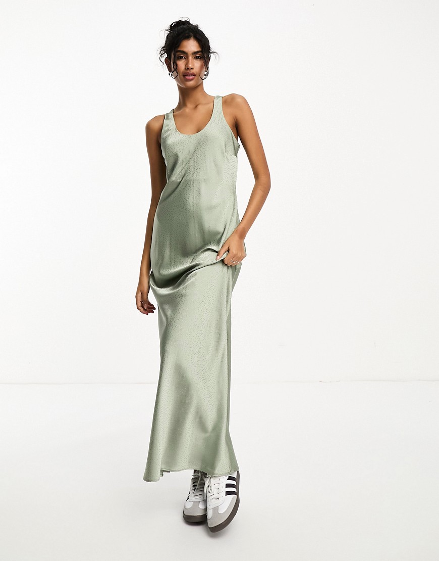 River Island studded maxi slip dress in sage-Green