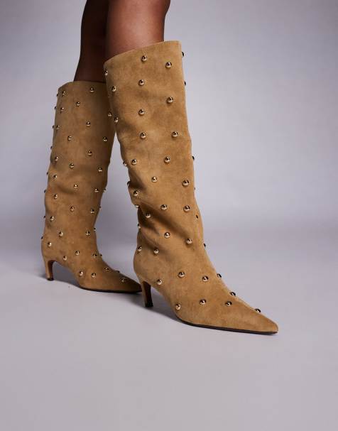 River Island studded sudette heeled boots in beige  - view 1