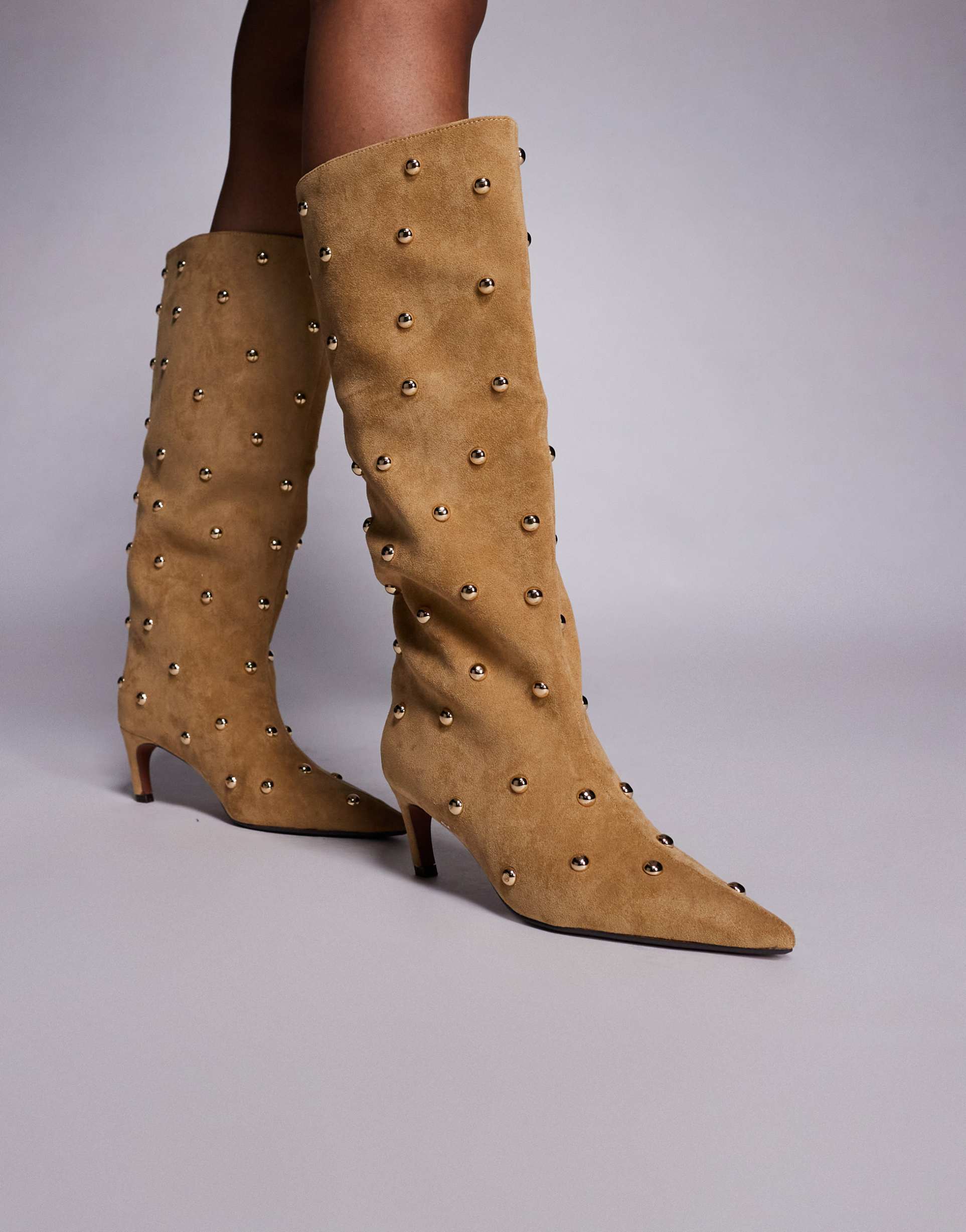 river island studded sudette heeled boots in beige