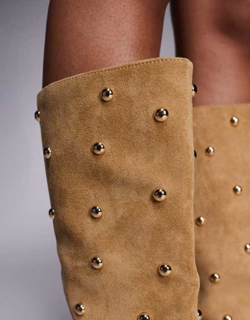 River Island studded sudette heeled boots in beige , 2 of 4