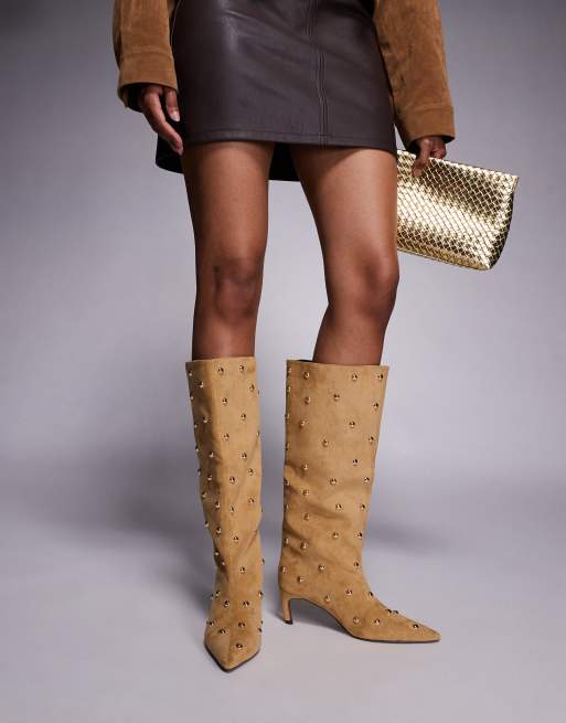 River Island studded sudette heeled boots in beige , 3 of 4