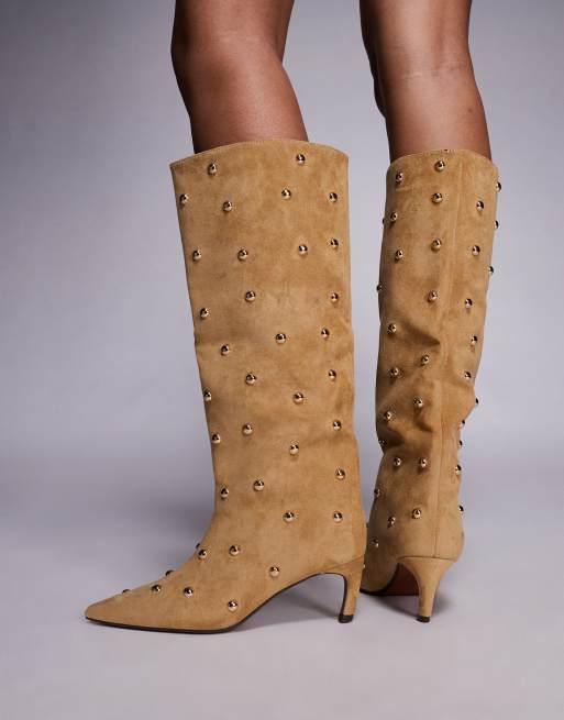 River Island studded sudette heeled boots in beige , 4 of 4