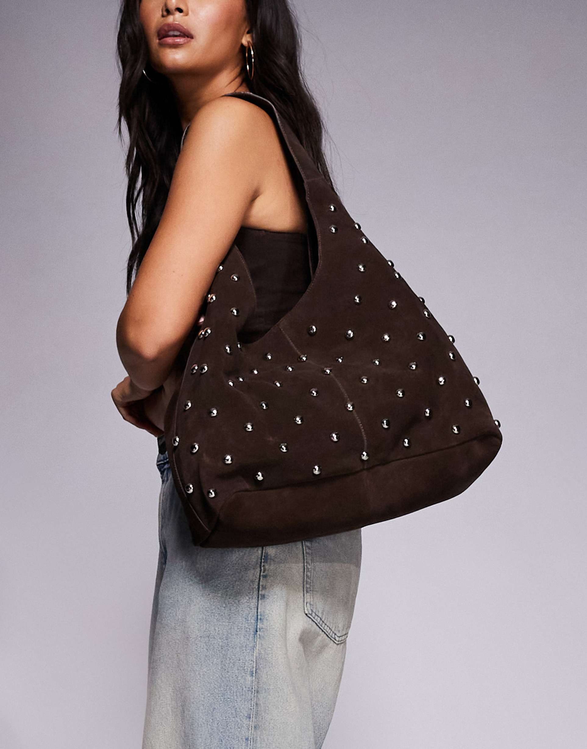 river island studded suede slouch bag in dark brown