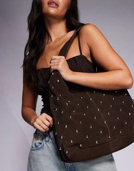 River Island studded suede slouch bag in dark brown